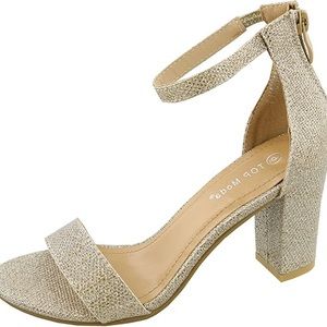 TOP Moda Womens Champagne Gold Chunky Heel Metallic Glitter Ankle Strap